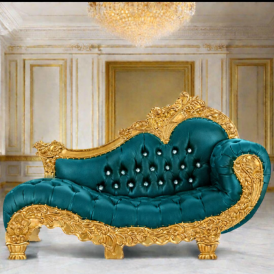 Grand Imperial Maharaja Teakwood Chaise Lounge with Heavy Gold Carving & Tufted Upholstery