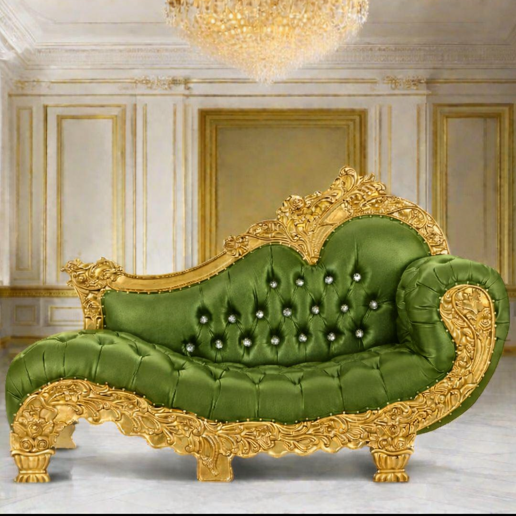 Grand Imperial Maharaja Teakwood Chaise Lounge with Heavy Gold Carving & Tufted Upholstery