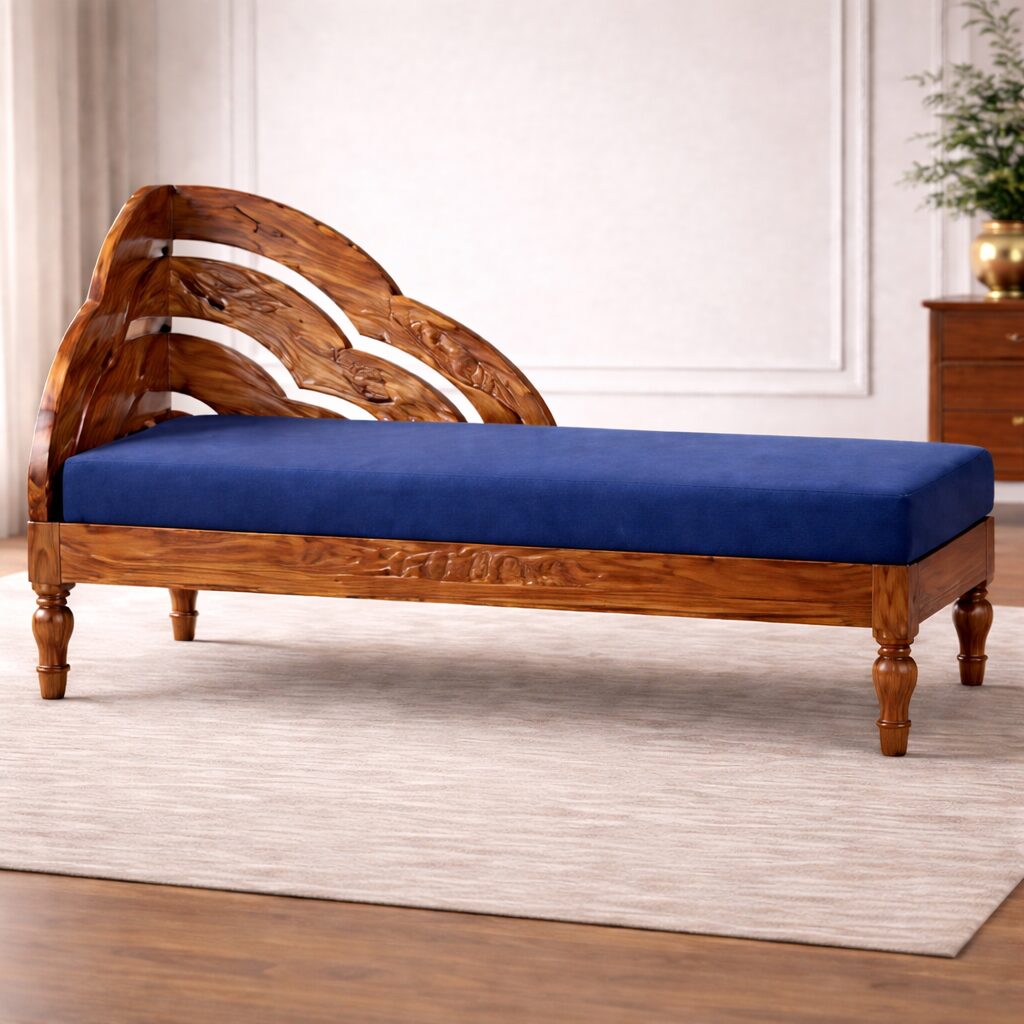 Heritage Solid Teakwood Chaise Lounge with Hand-Carved Backrest & Premium Upholstery