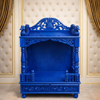 Classic Crest Teakwood Mandir with Carved Crown Panel and Dual Drawer Base