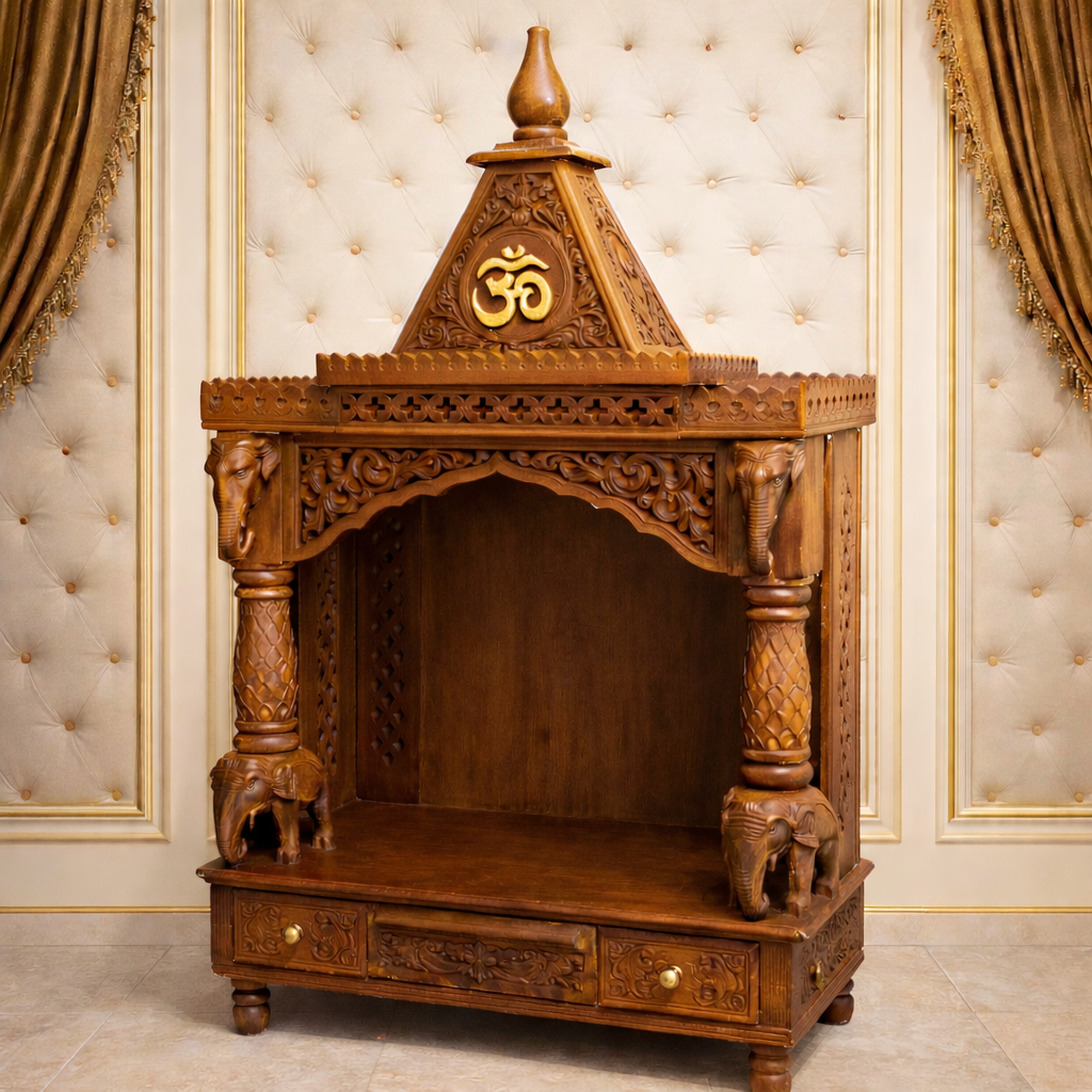 Elephant-Base Shikhar Teakwood Mandir with Carved Pillars and Triple Drawer Storage
