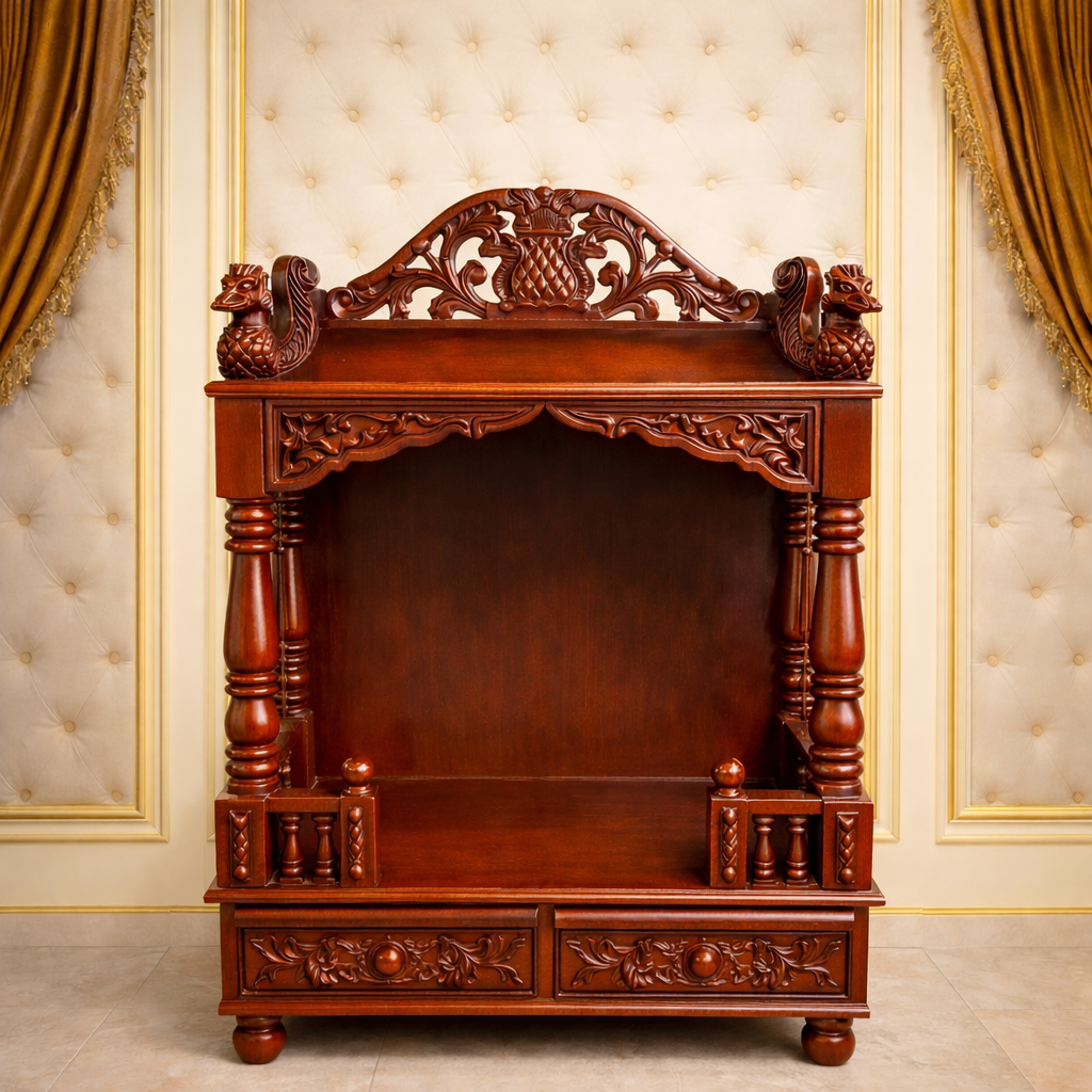 Classic Crest Teakwood Mandir with Carved Crown Panel and Dual Drawer Base