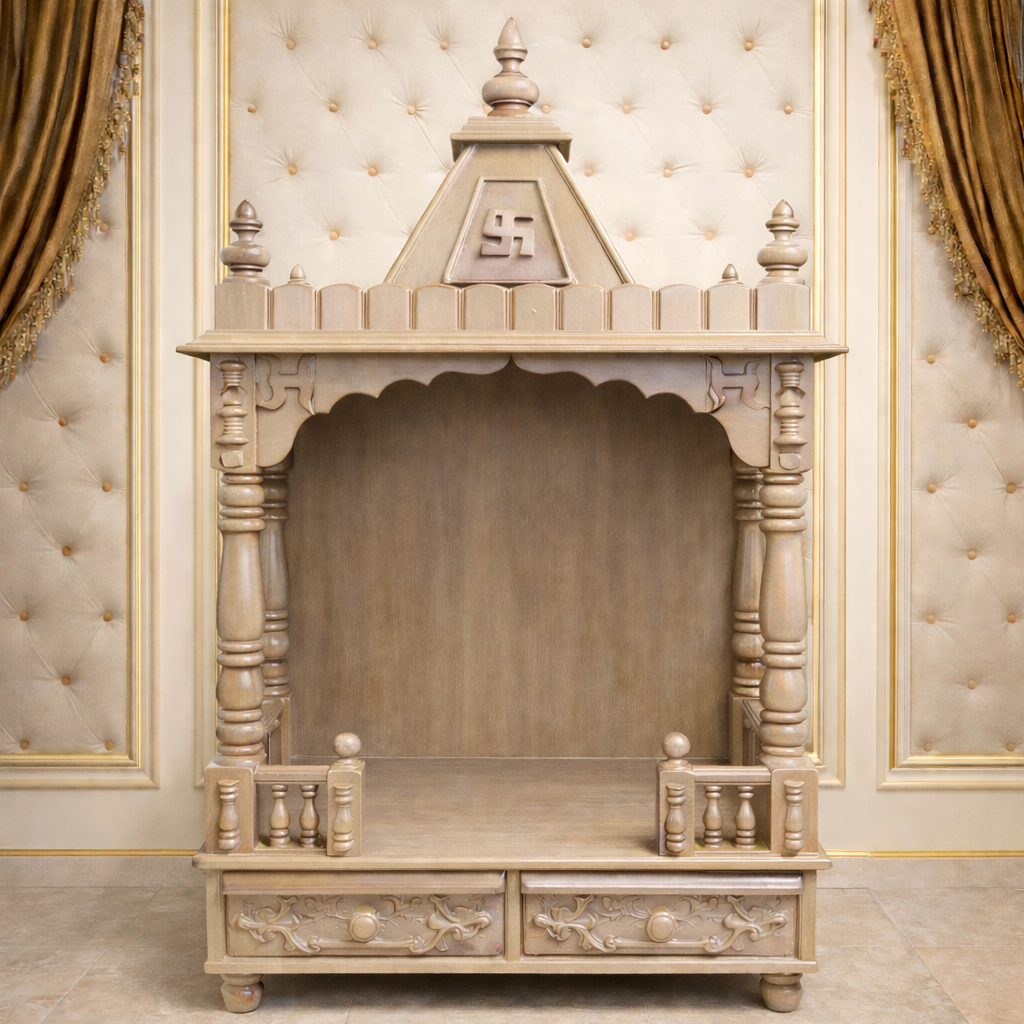 Shikhar-Top Teakwood Mandir with Carved Pillars and Dual Drawer Base