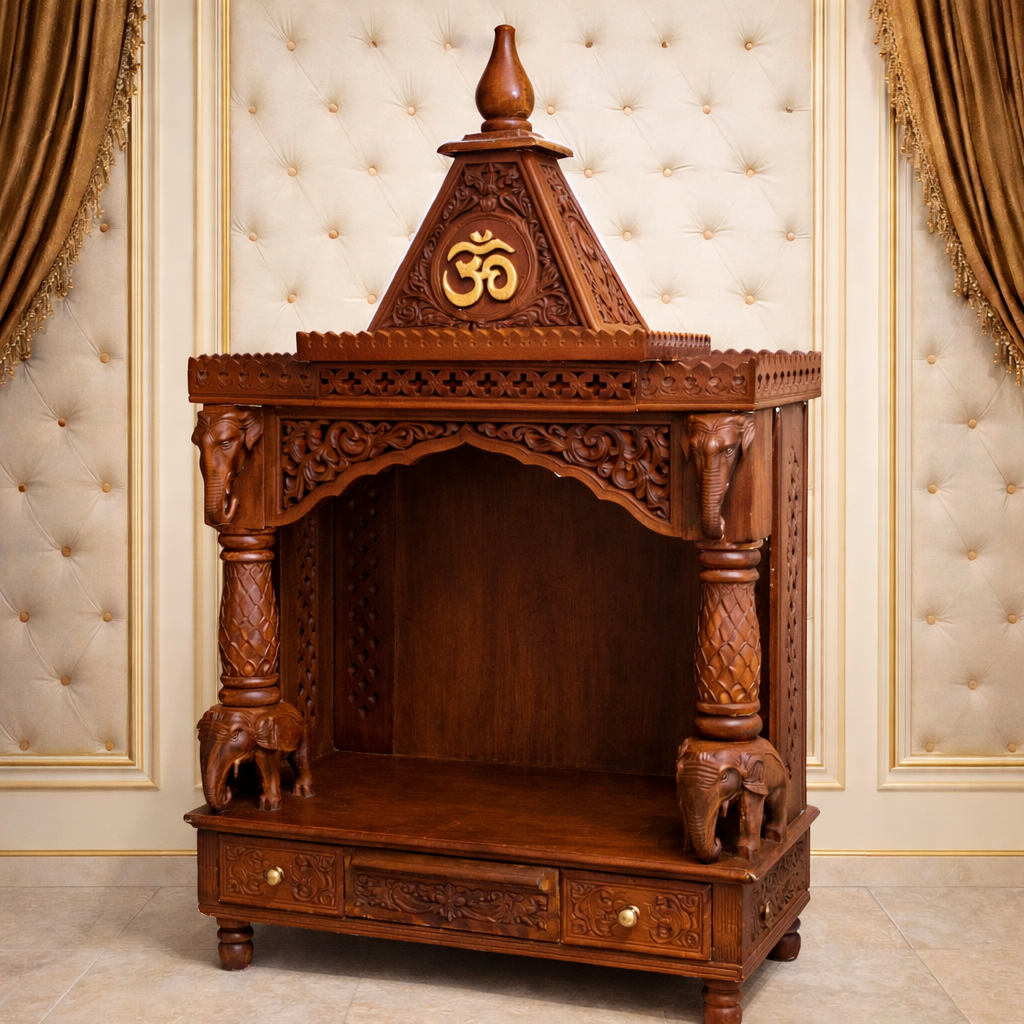 Elephant-Base Shikhar Teakwood Mandir with Carved Pillars and Triple Drawer Storage