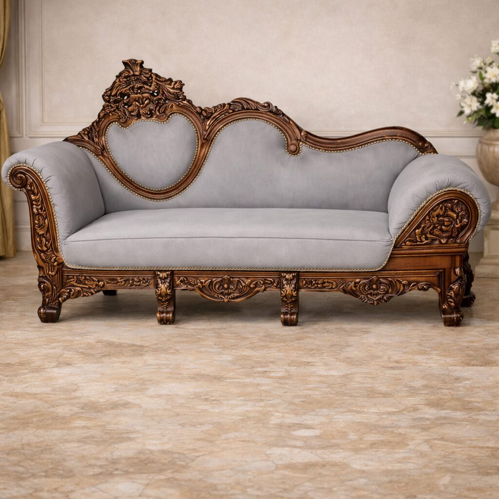 Grand Maharaja Solid Teakwood Chaise Sofa with Heavy Hand-Carved Frame