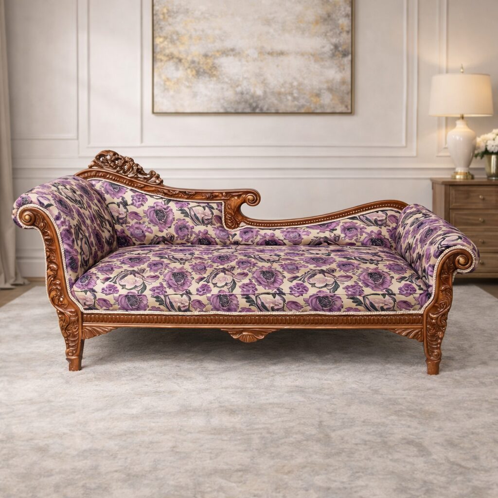 Royal Heritage Teakwood Chaise Lounge with Hand-Carved Frame & Button Tufted Upholstery