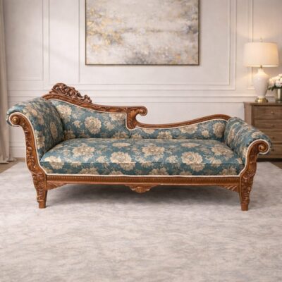 Royal Heritage Teakwood Chaise Lounge with Hand-Carved Frame & Button Tufted Upholstery