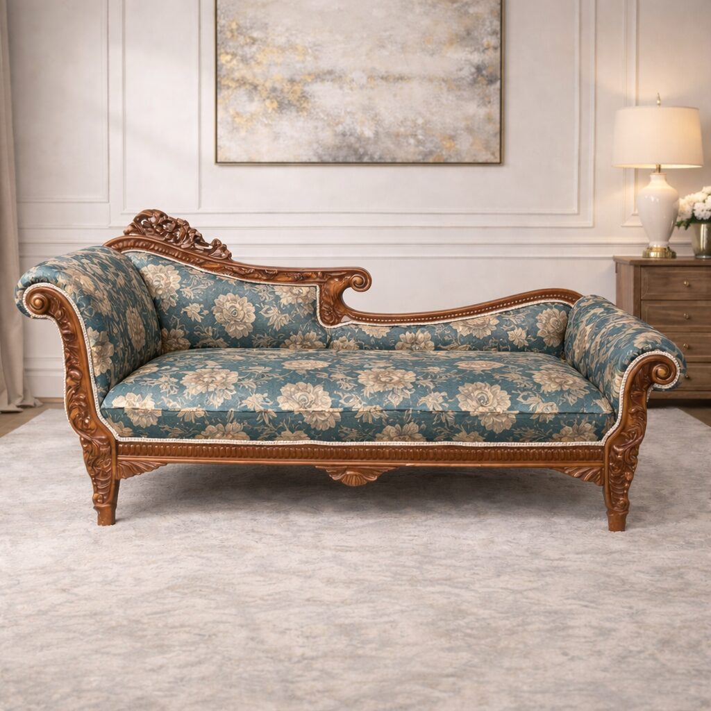 Royal Heritage Teakwood Chaise Lounge with Hand-Carved Frame & Button Tufted Upholstery