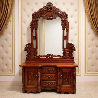 Heritage Maharaja Solid Teakwood Dressing Table with Grand Hand-Carved Arch Mirror