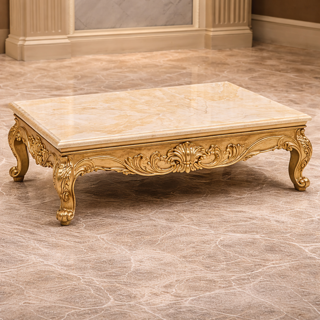 Grand Royal Gold Hand-Carved Teakwood Sofa Set with Center Table