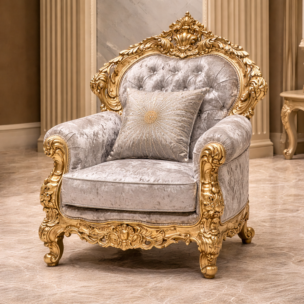 Grand Royal Gold Hand-Carved Teakwood Sofa Set with Center Table