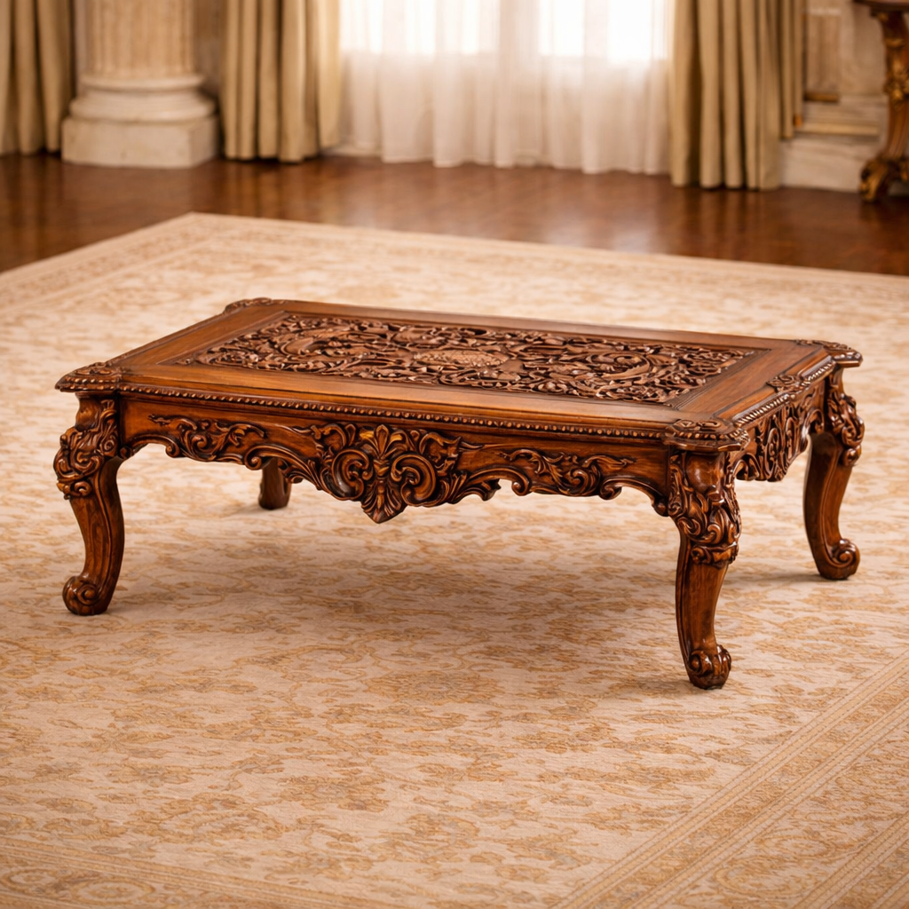 Royal Heritage Hand-Carved Teakwood Sofa Set with Center Table