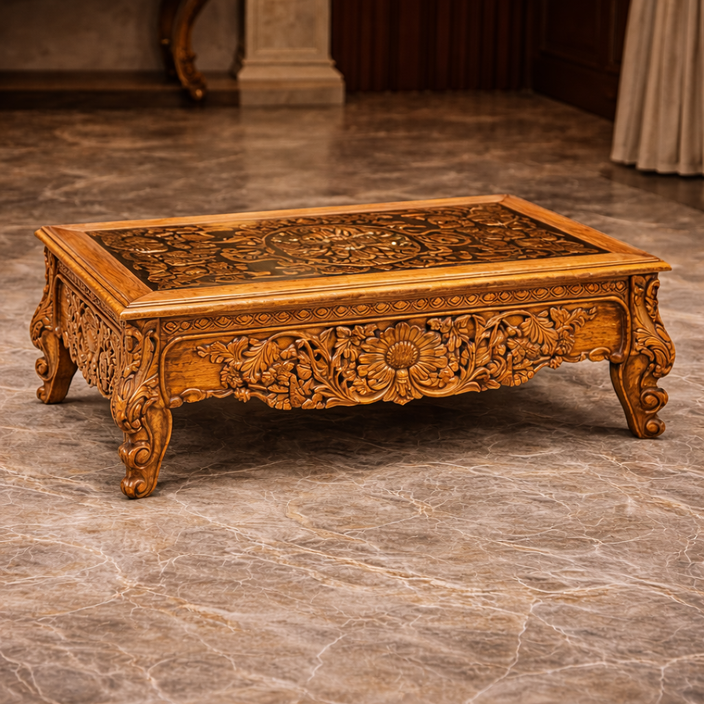 Imperial Luxury Fully Hand-Carved Teakwood Sofa Set with Center Table