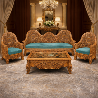 Imperial Luxury Fully Hand-Carved Teakwood Sofa Set with Center Table