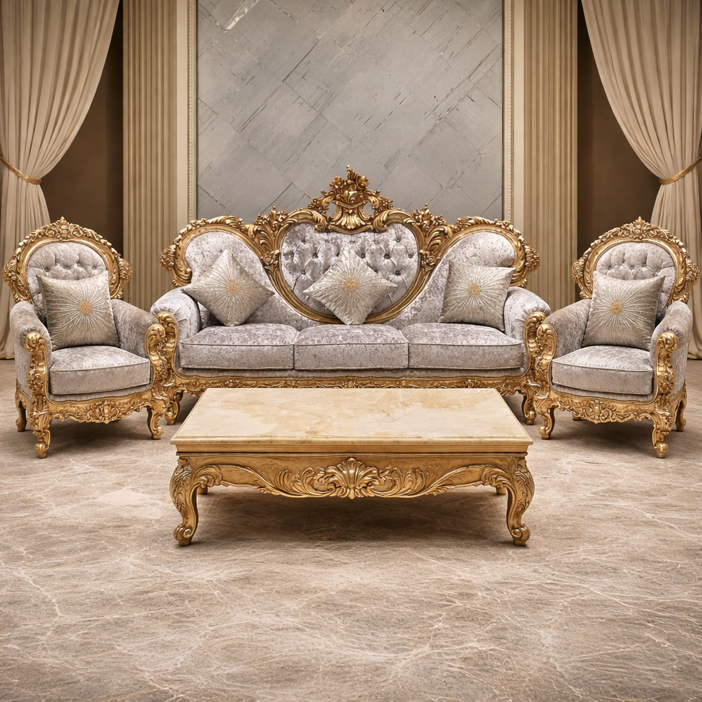 Grand Royal Gold Hand-Carved Teakwood Sofa Set with Center Table
