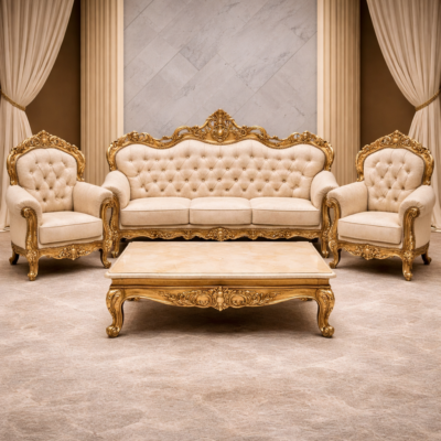 Royal Gold Hand-Carved Teakwood Sofa Set with Center Table
