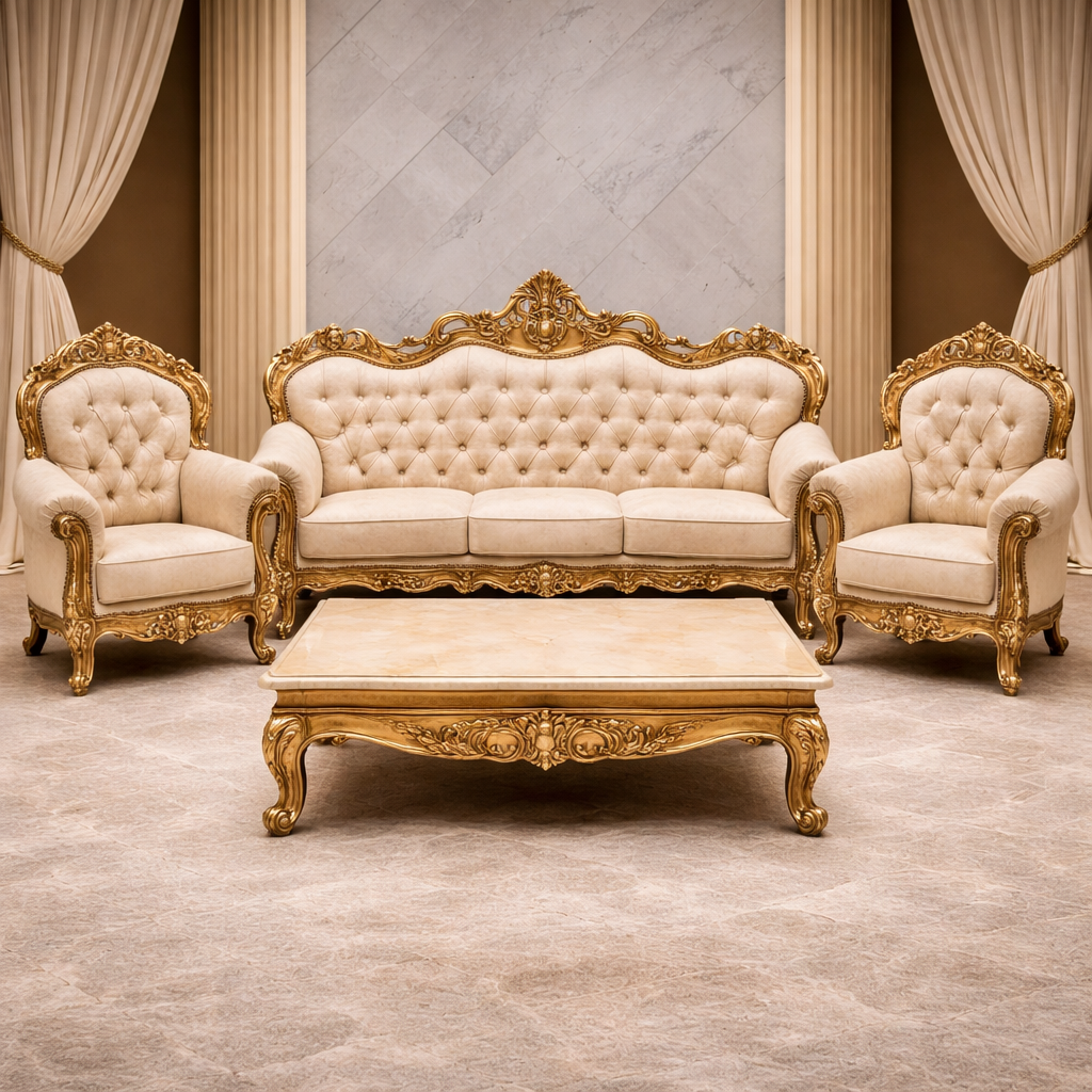 Royal Gold Hand-Carved Teakwood Sofa Set with Center Table