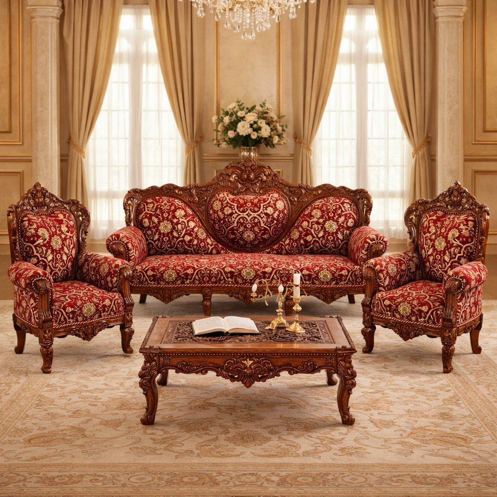 Royal Heritage Hand-Carved Teakwood Sofa Set with Center Table