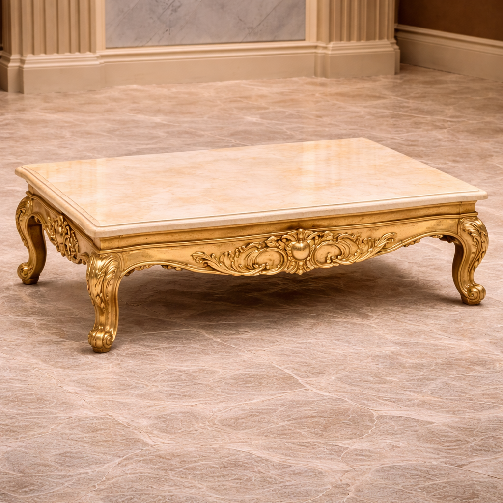 Royal Gold Hand-Carved Teakwood Sofa Set with Center Table