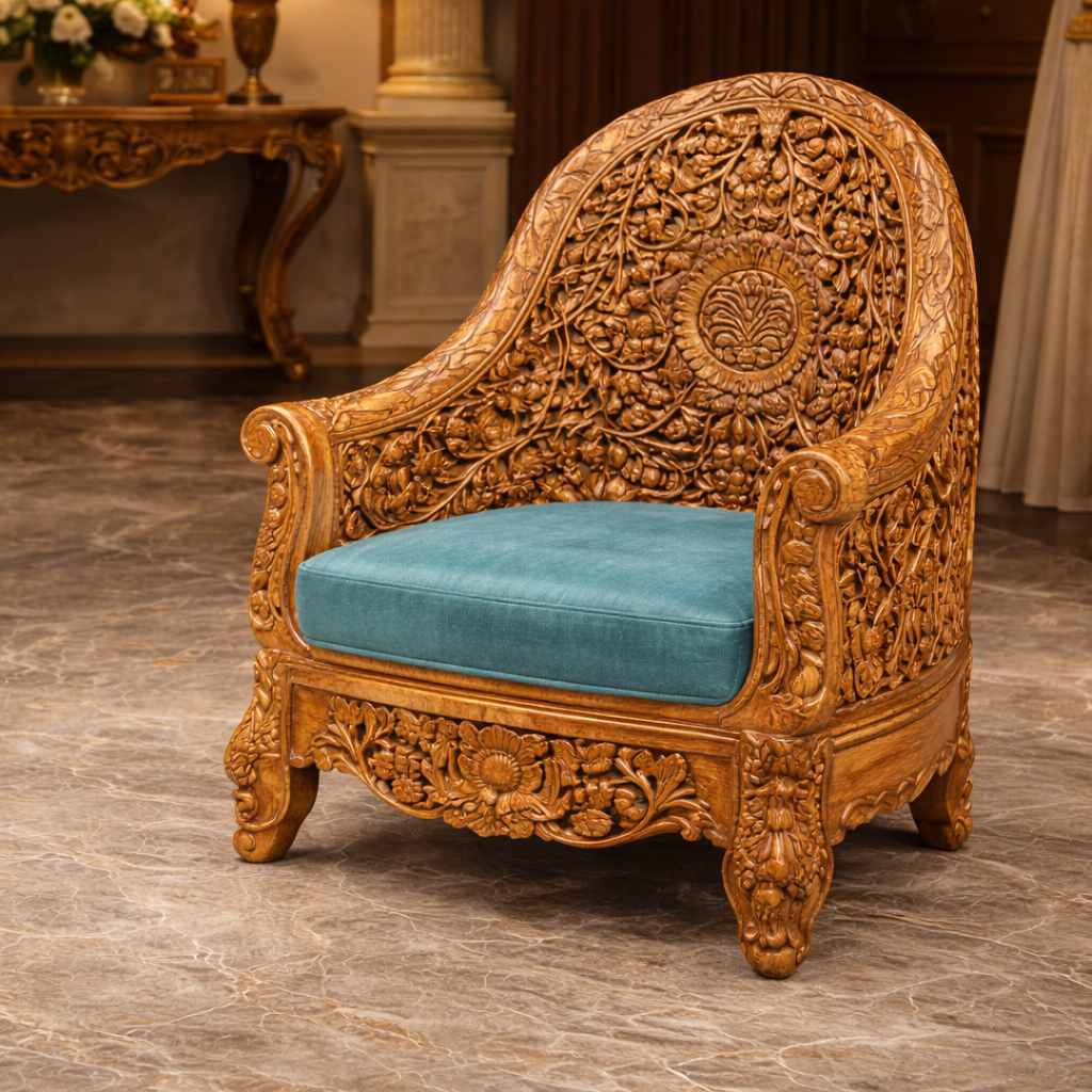 Imperial Luxury Fully Hand-Carved Teakwood Sofa Set with Center Table