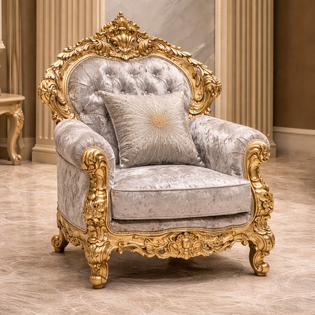 Grand Royal Gold Hand-Carved Teakwood Sofa Set with Center Table