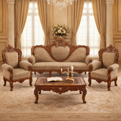 Classic Royal Hand-Carved Teakwood Sofa Set with Center Table