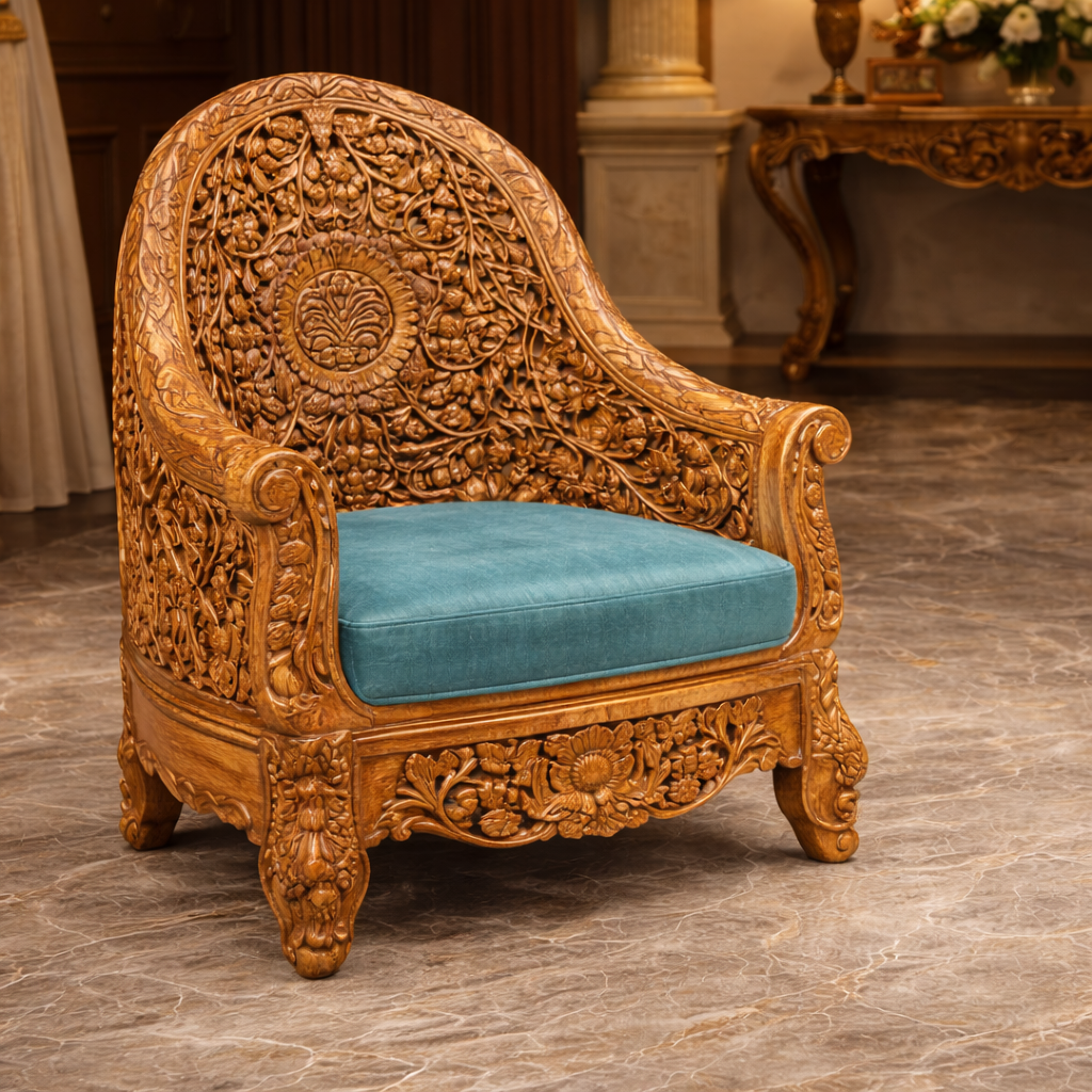 Imperial Luxury Fully Hand-Carved Teakwood Sofa Set with Center Table