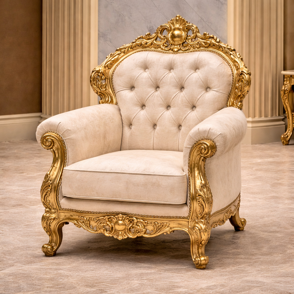 Royal Gold Hand-Carved Teakwood Sofa Set with Center Table