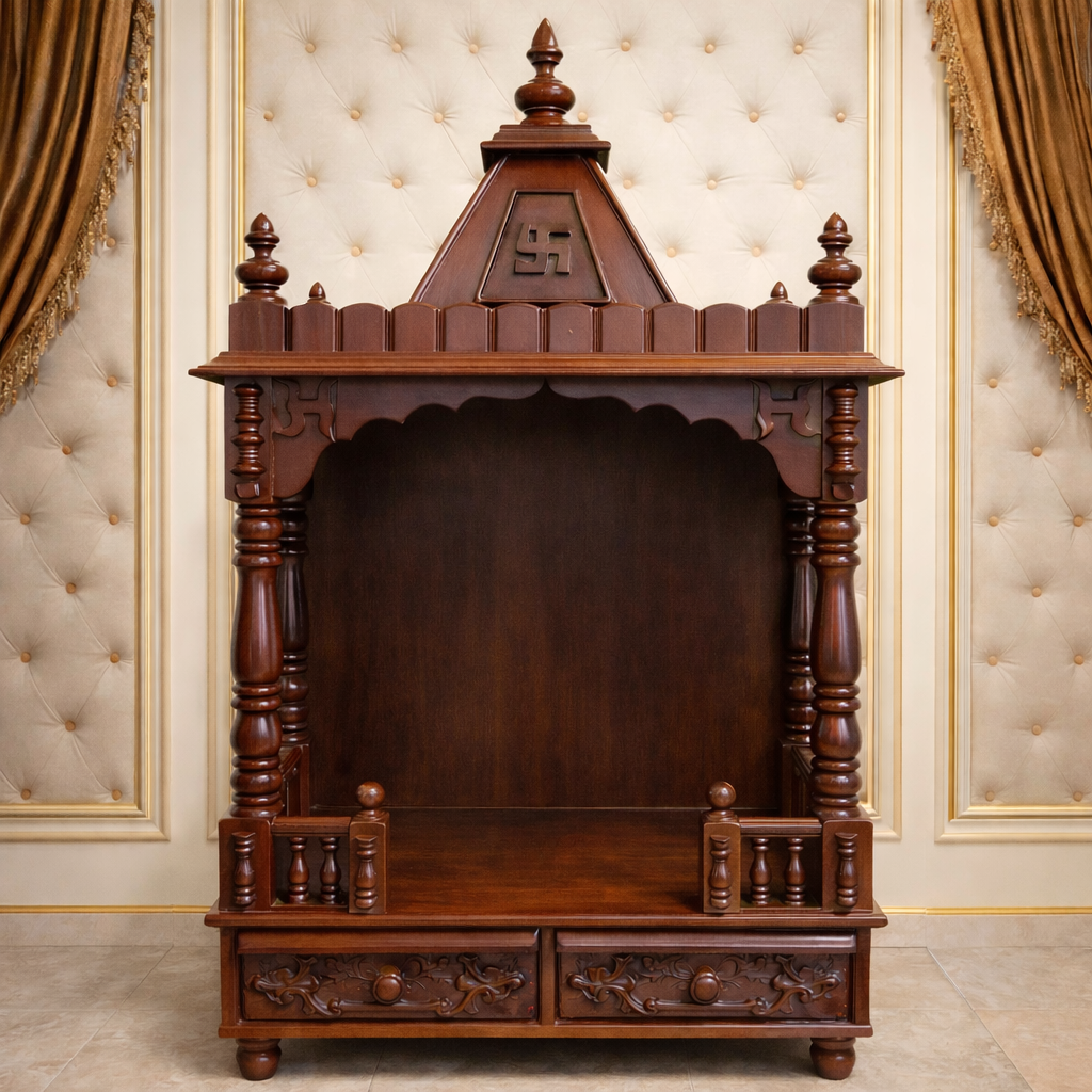 Shikhar-Top Teakwood Mandir with Carved Pillars and Dual Drawer Base