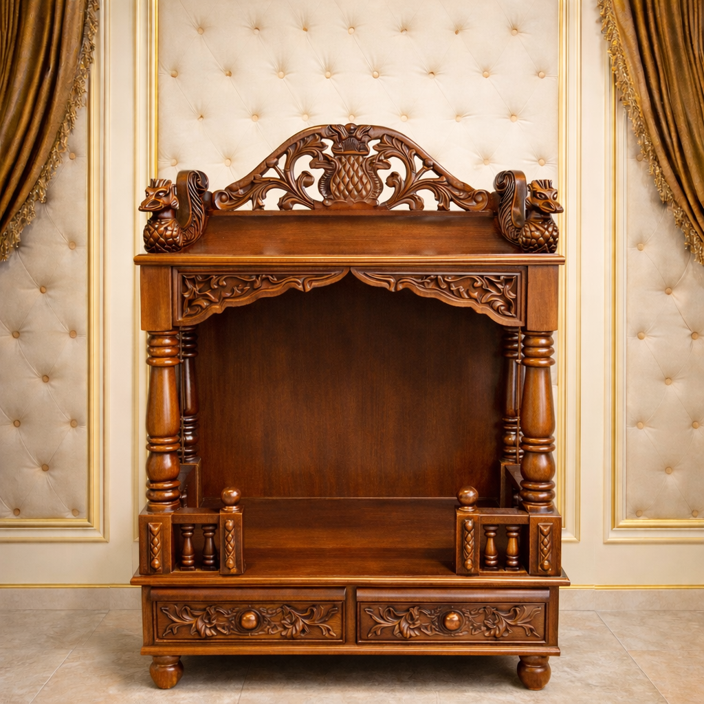 Classic Crest Teakwood Mandir with Carved Crown Panel and Dual Drawer Base