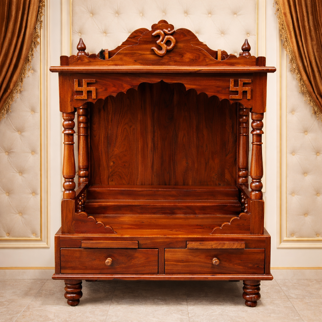 Classic Arch Teakwood Mandir with Om Crest and Dual Drawer Storage