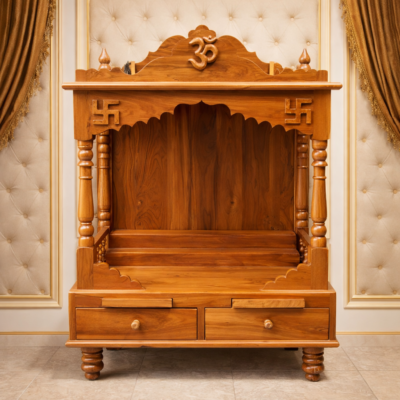 Classic Arch Teakwood Mandir with Om Crest and Dual Drawer Storage