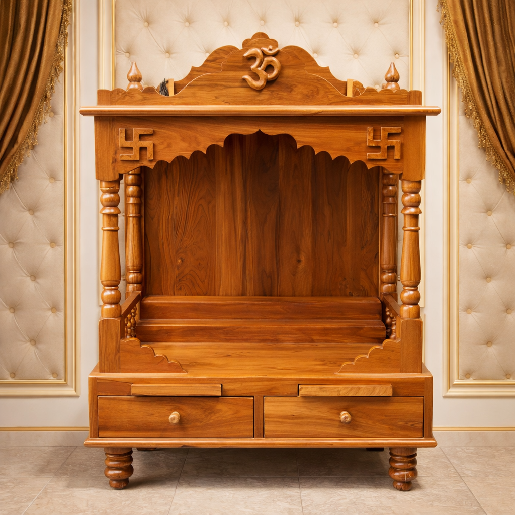 Classic Arch Teakwood Mandir with Om Crest and Dual Drawer Storage