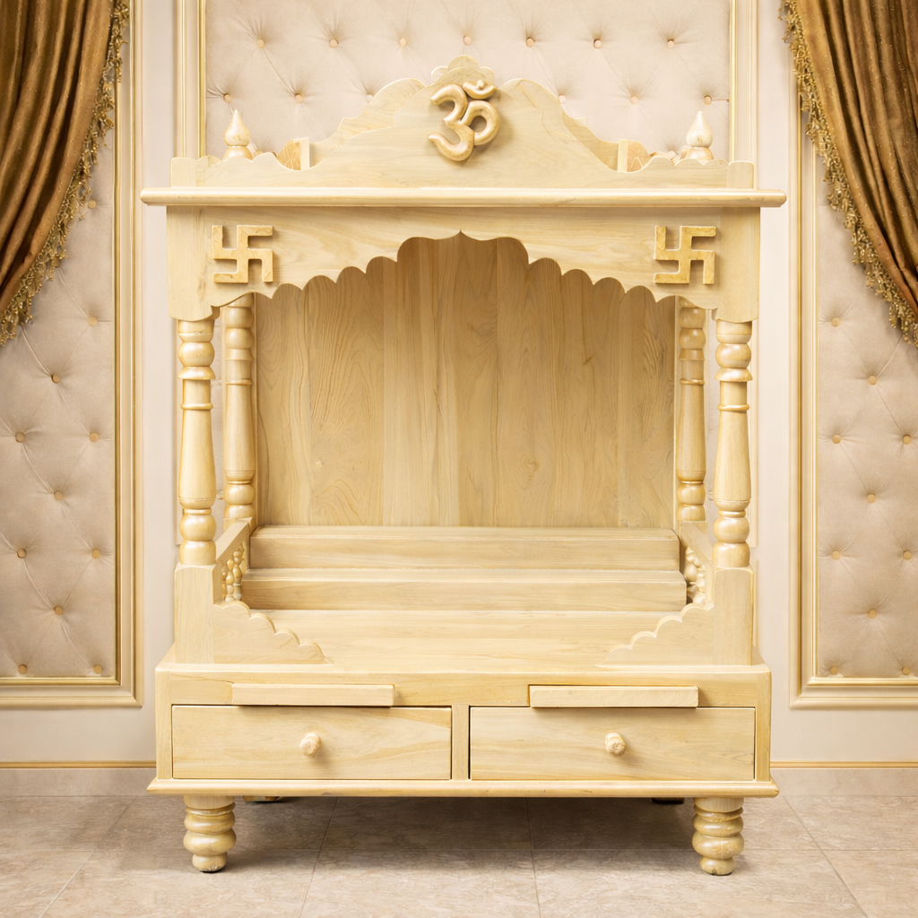 Classic Arch Teakwood Mandir with Om Crest and Dual Drawer Storage