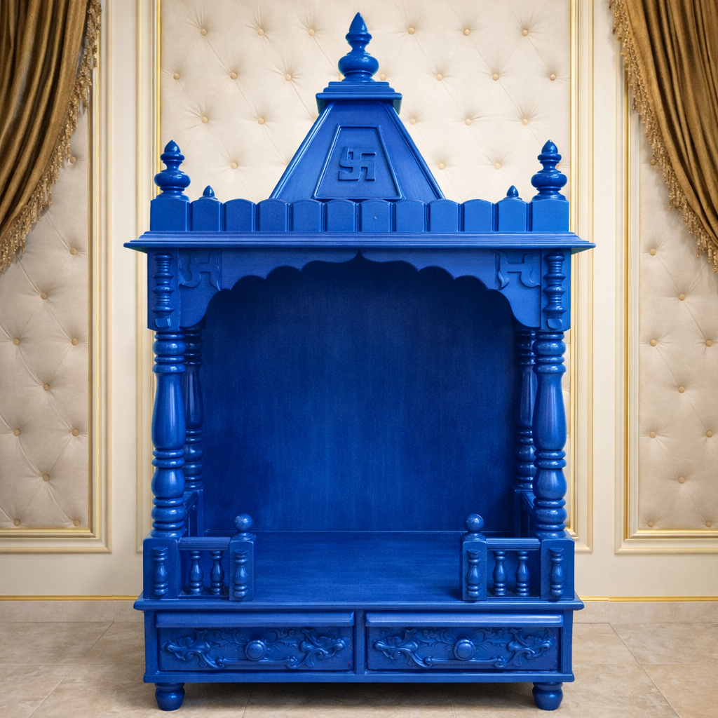 Shikhar-Top Teakwood Mandir with Carved Pillars and Dual Drawer Base