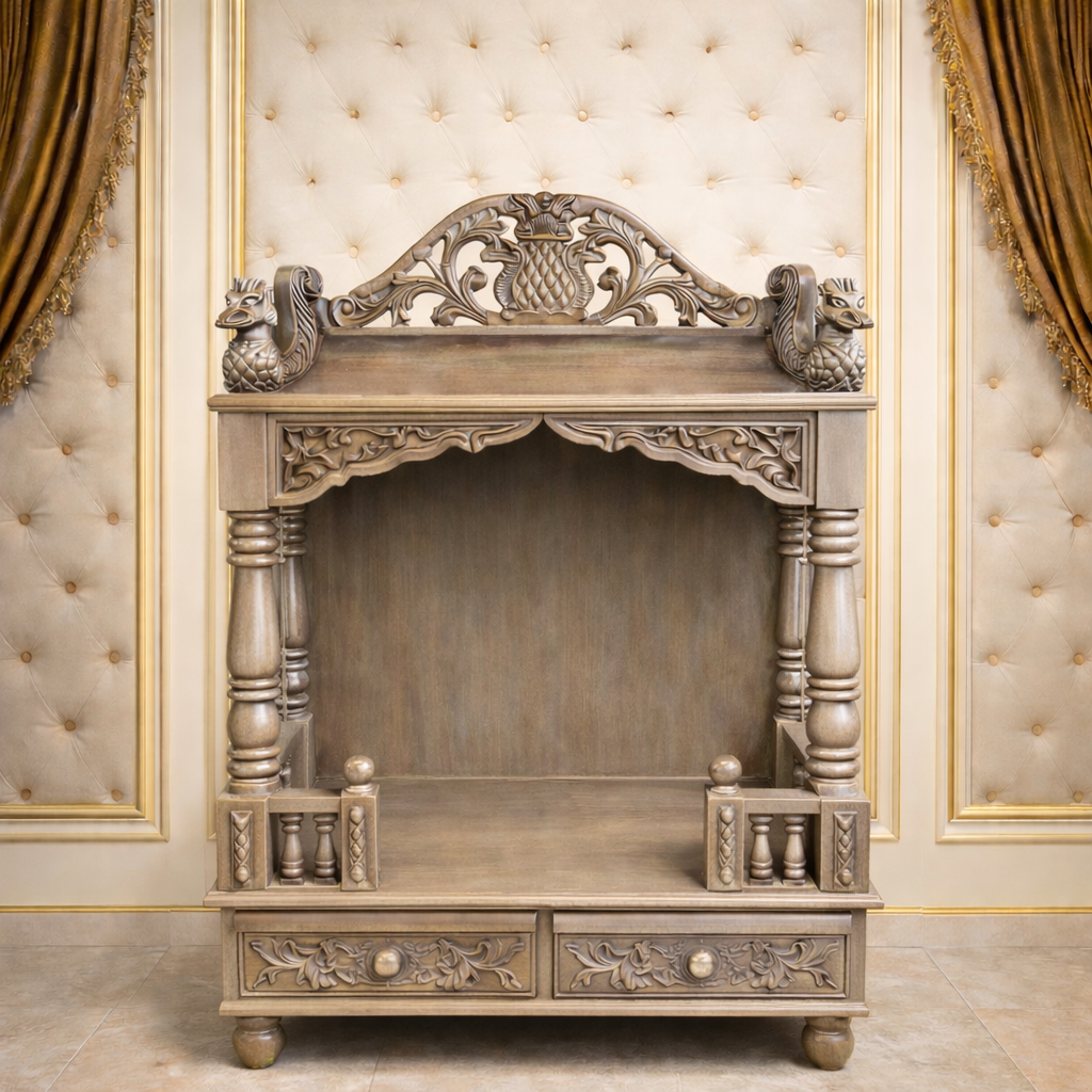 Classic Crest Teakwood Mandir with Carved Crown Panel and Dual Drawer Base