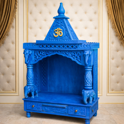 Elephant-Base Shikhar Teakwood Mandir with Carved Pillars and Triple Drawer Storage