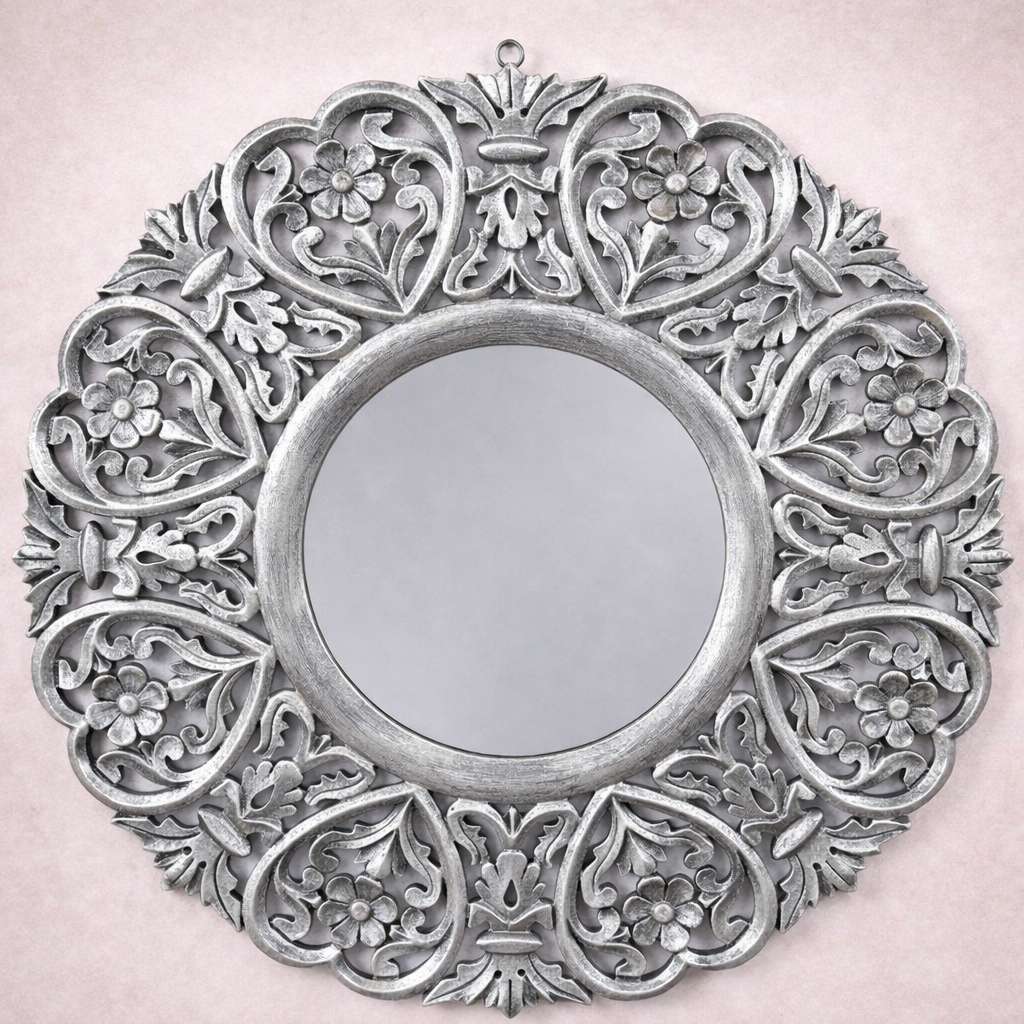 Decorative Round MDF Wall Mirror with Ornate Floral Cutwork Frame
