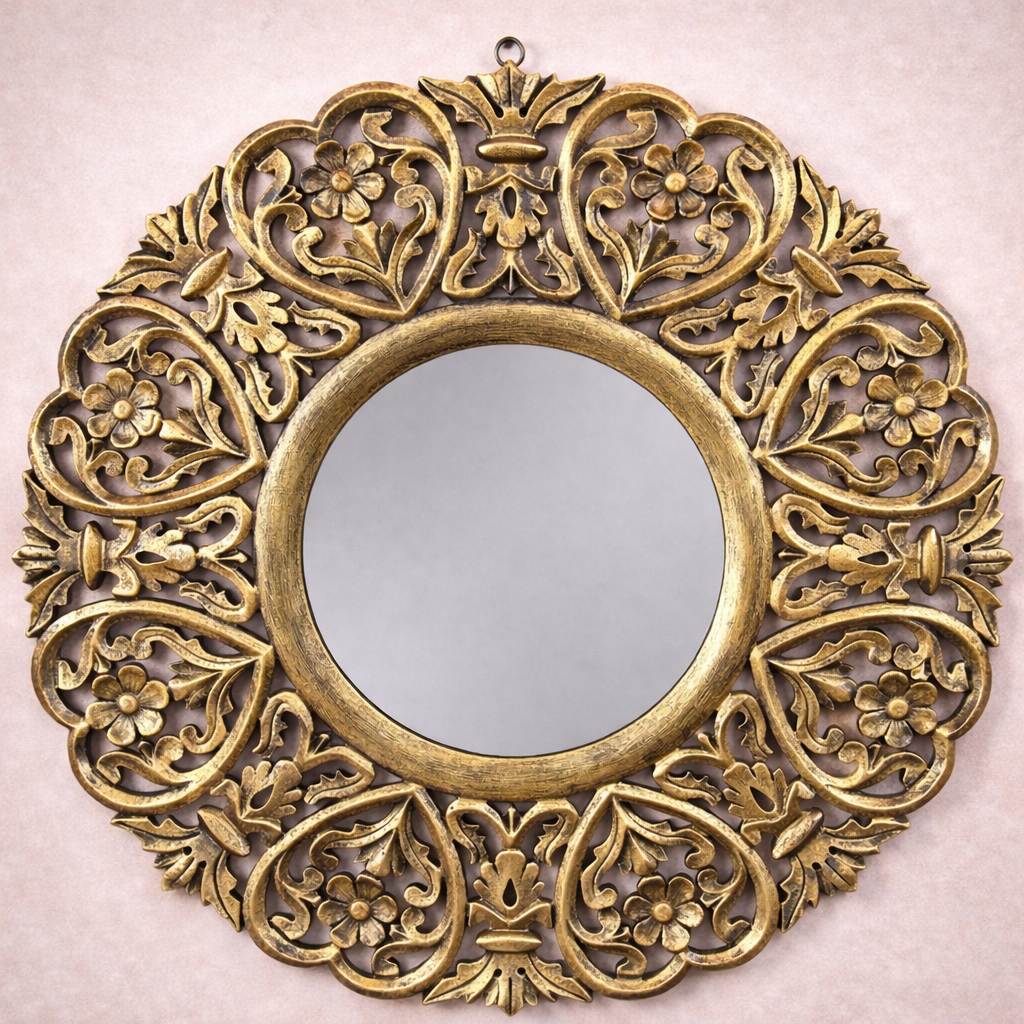 Decorative Round MDF Wall Mirror with Ornate Floral Cutwork Frame