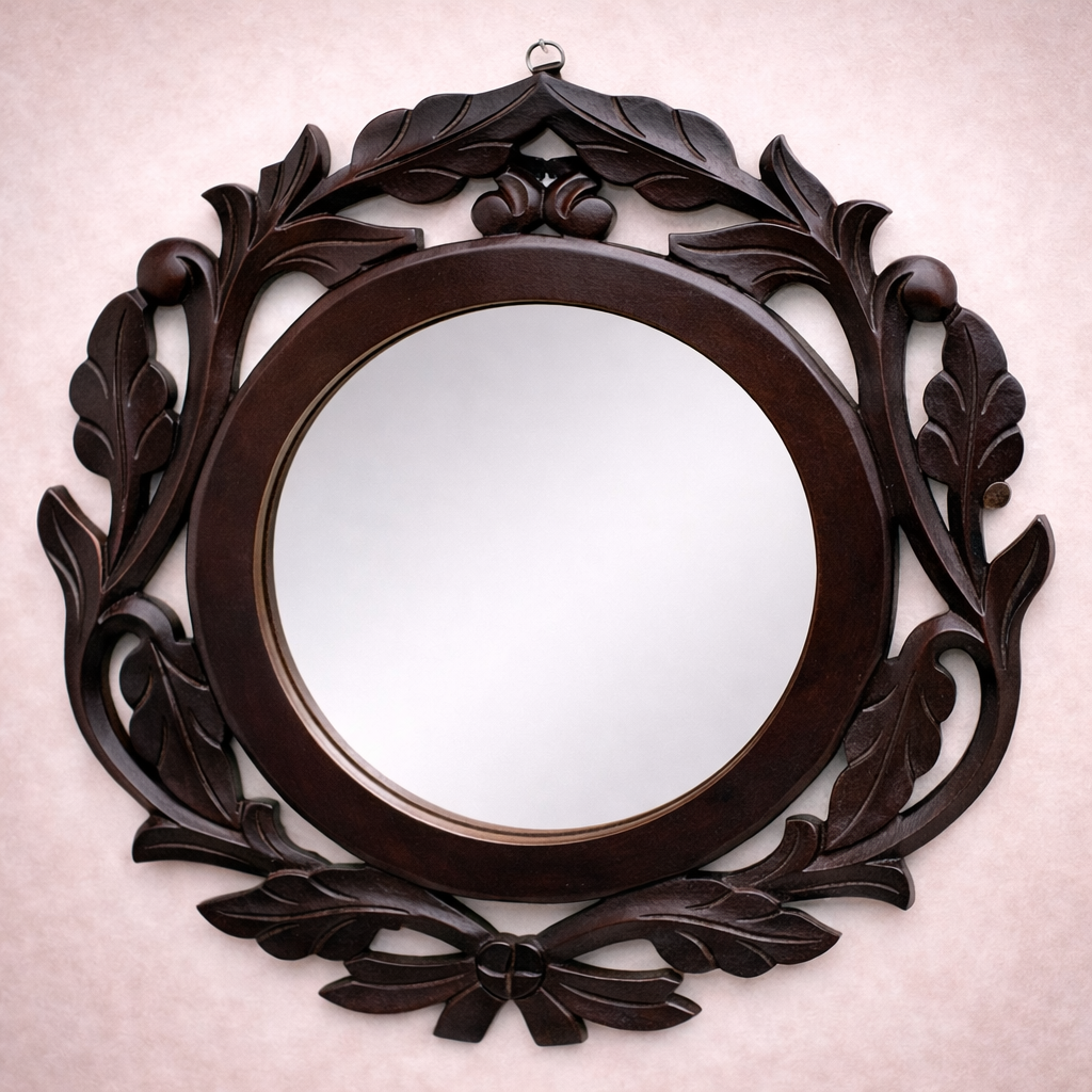 Hand-Carved Solid Teakwood Round Wall Mirror with Ornamental Leaf Frame