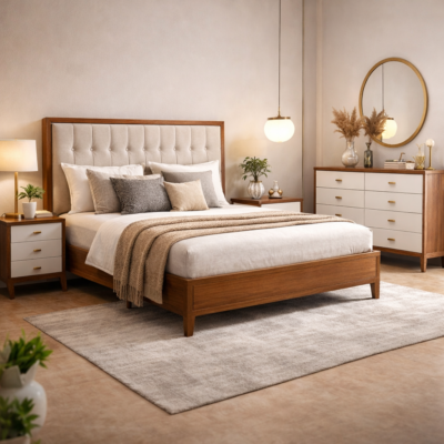 Modern Classic Teakwood Bedroom Set with Bed, Side Tables & Dressing Unit | LW – 6.5 x 5 Ft |
