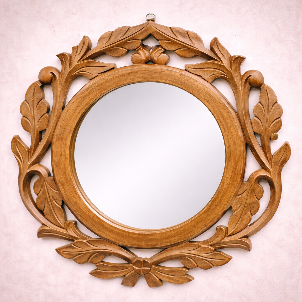 Hand-Carved Solid Teakwood Round Wall Mirror with Ornamental Leaf Frame