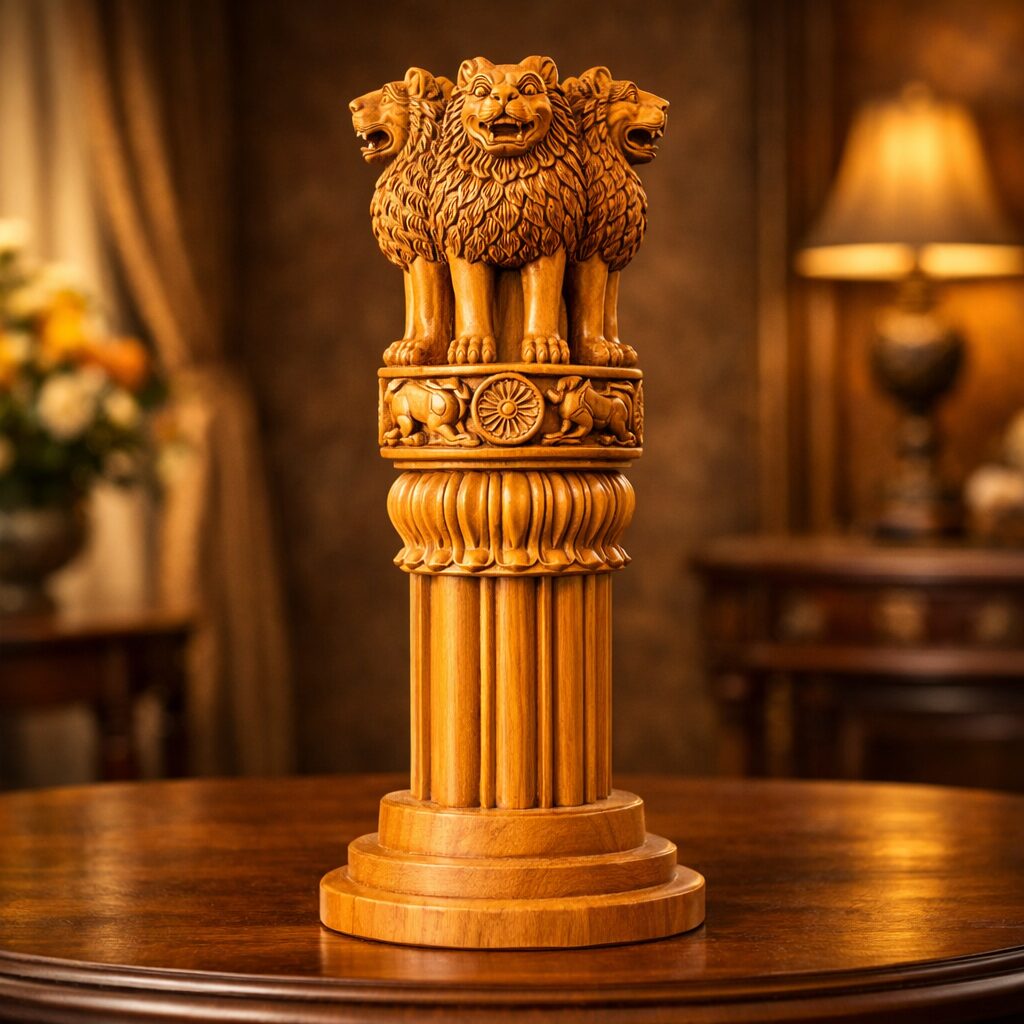 Solid Teak Wood Hand Carved Ashoka Lion Capital Pillar Sculpture