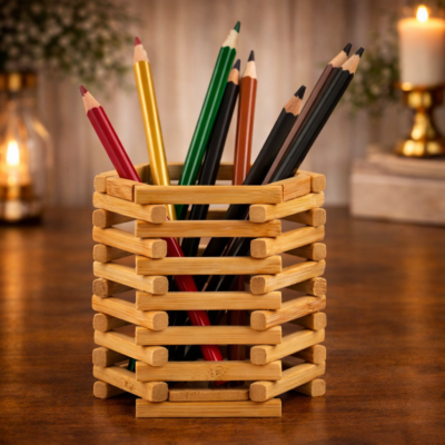Rustic Log-Style Wooden Pen Holder with Open Slat Design