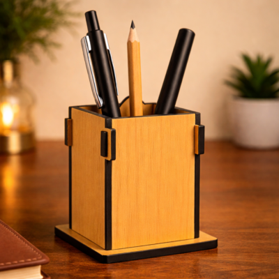 Modern Dual-Tone MDF Pen Stand with Geometric Panel Design