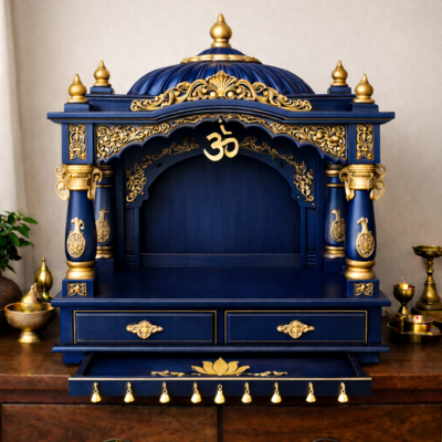 Imperial Dome-Top Teakwood Mandir with Ornamental Arch and Double Drawer Base