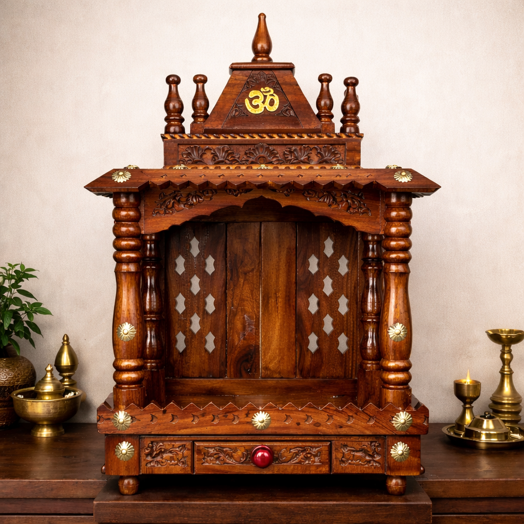 Royal Blue Temple-Style Teakwood Mandir with Ornamental Pillars and Triple Drawer Base