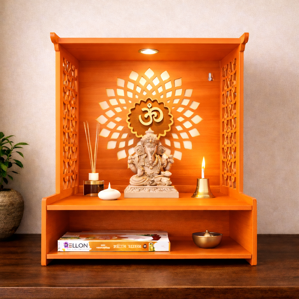Modern Open-Shelf MDF Mandir with Backlit Om Panel and Storage Base