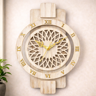 Modern Minimalist Teakwood Roman Dial Wall Clock with Geometric Cutwork