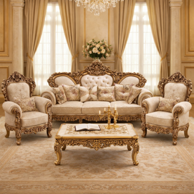 Royal Palace Hand-Carved Teakwood Sofa Set with Center Table
